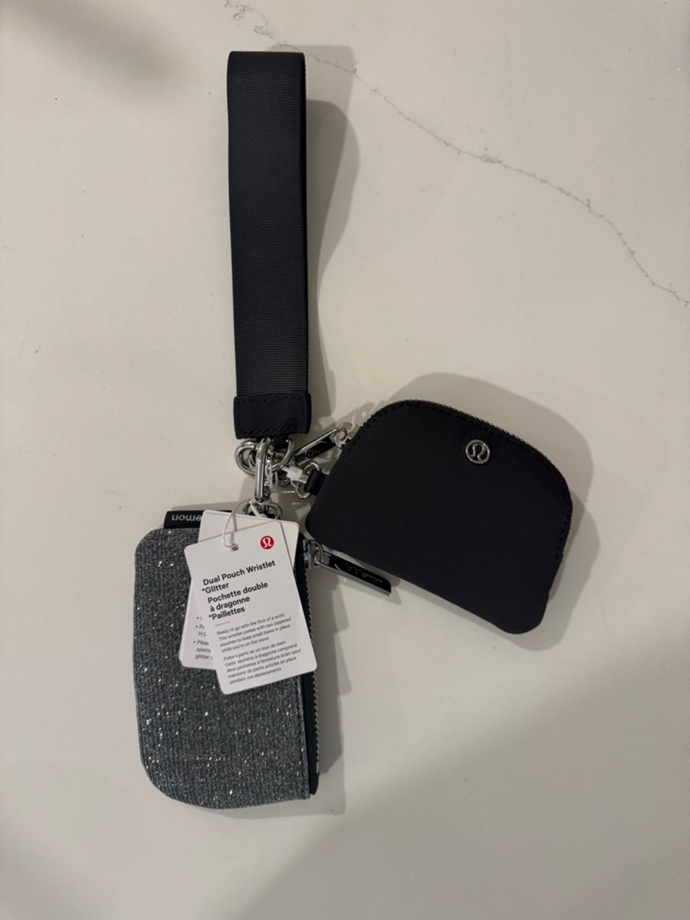 lululemon black and metallic gray double pouch wristlet